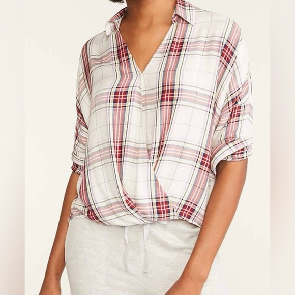 Lou & Grey for Loft red plaid wrap long sleeve top Sz XL - Picture 1 of 9